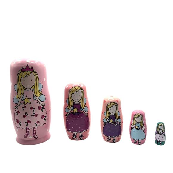 Handmade Russian Matroyshka Wood Nesting Dolls, Princess Theme Set of 5, Pink - Picture 1 of 5